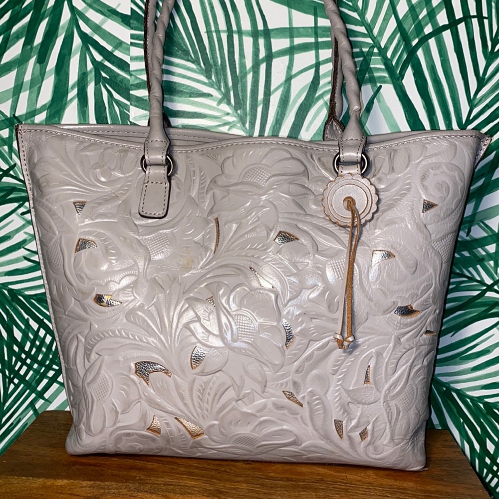 Patricia Nash Tooled Cut Out Gray Leather Tote Bag - Picture 2 of 13